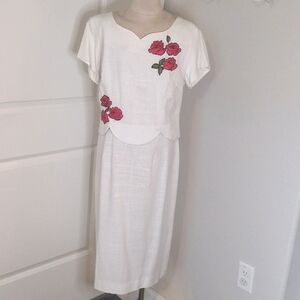 Vintage 60s Jule Wyn White Linen Dress Bright Pink Quilted Roses Wedding SZ M